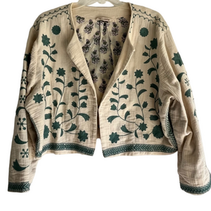 Soft Surroundings Cream Green Floral Top Bolero Antique White Cropped Womens XL